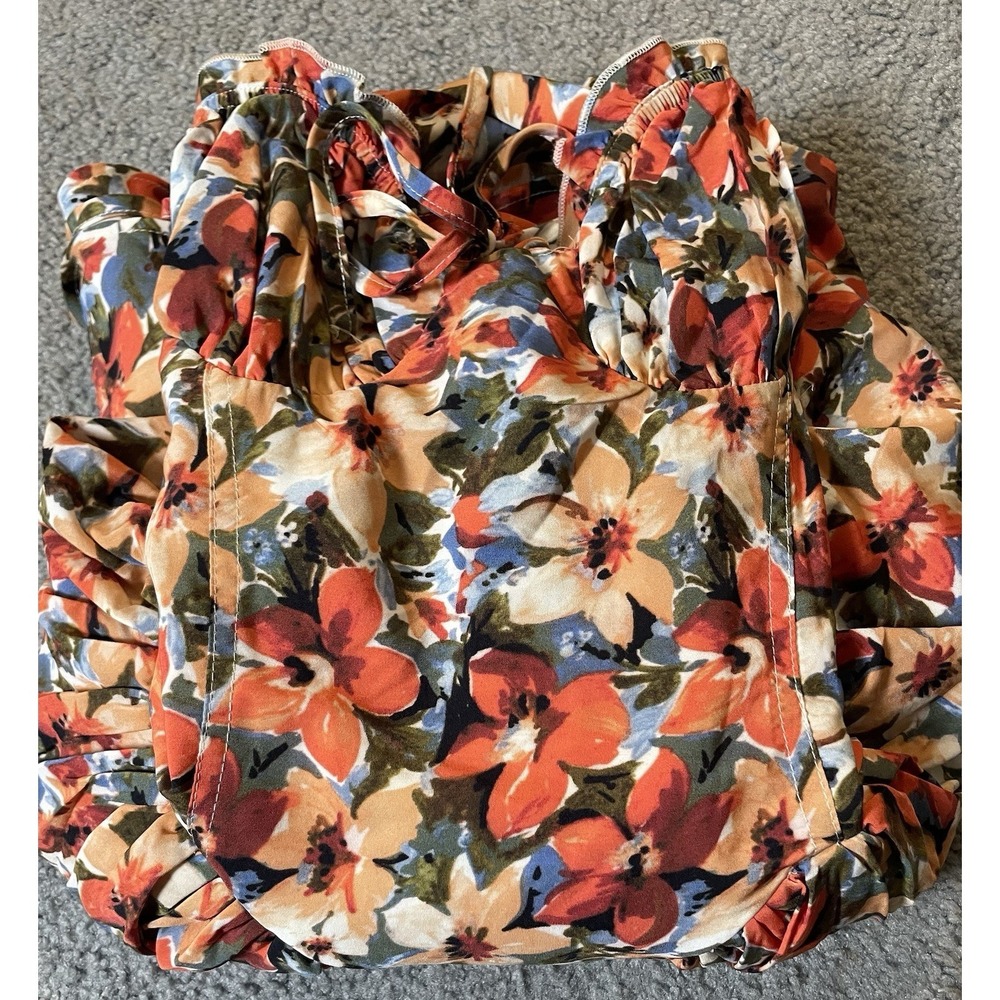 Babydoll Floral Mini Sundress Sz L Sweetheart Neck Smocked From Tie Orange City - Picture 15 of 15